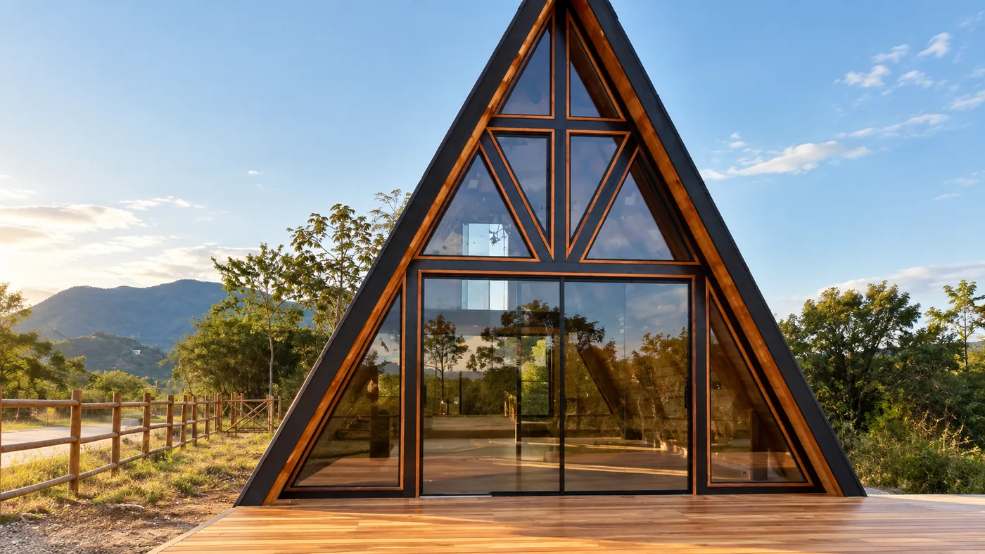 Chalé em estrutura triangular com fachada de vidro
