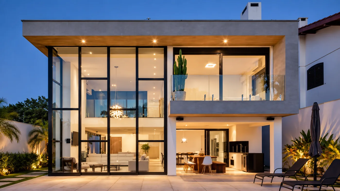 Fachada residencial contemporânea com grandes planos de vidro