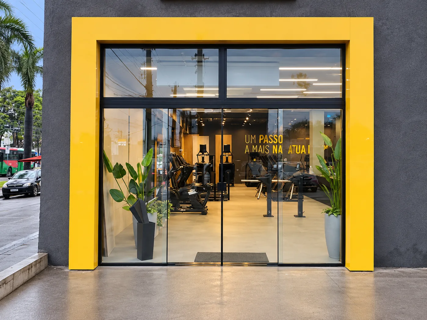 Entrada comercial com portas e panos de vidro